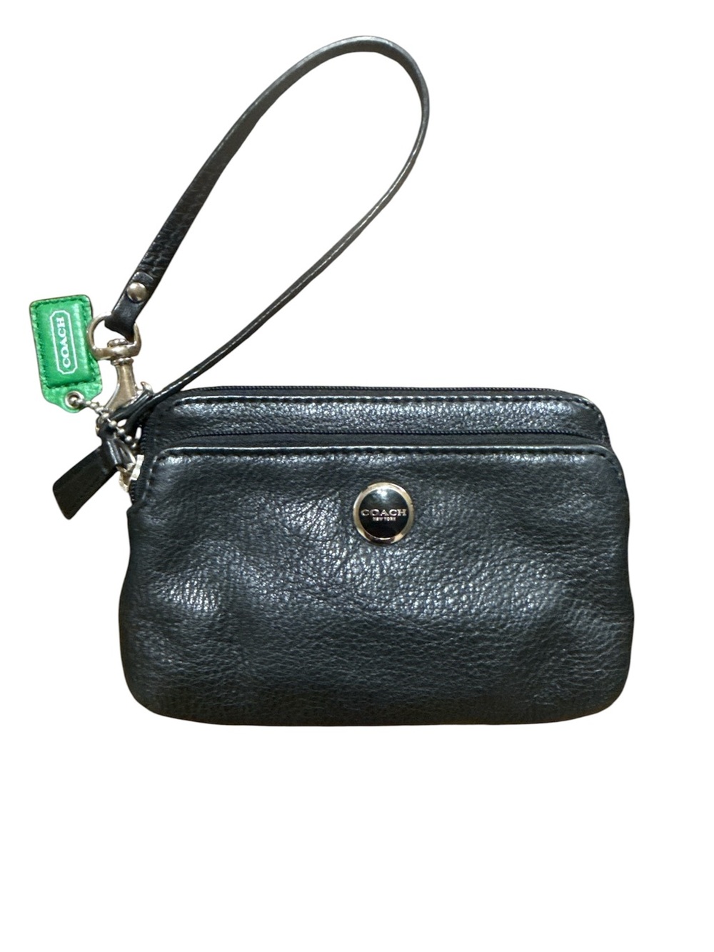 Coach Black Pebbled Leather Wristlet with Green Logo Tag